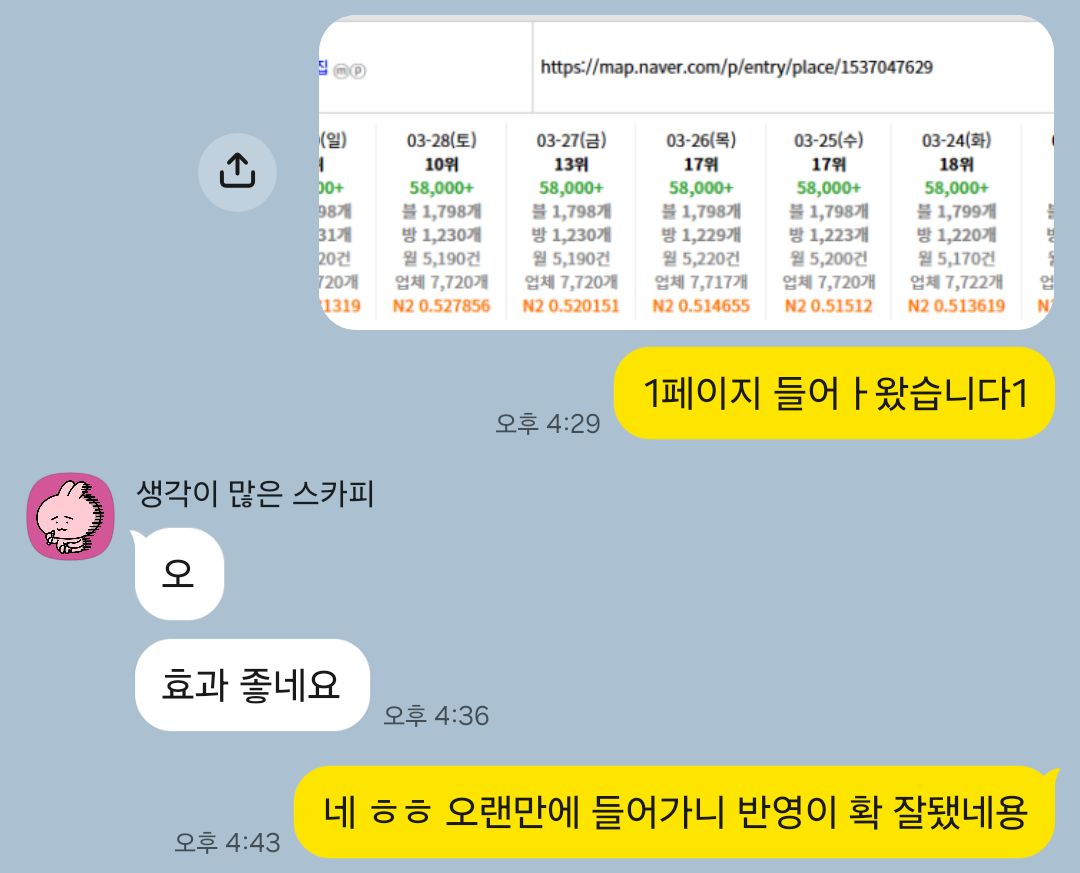 오랜만에 다시 확인된 반영 고객 카카오톡 후기